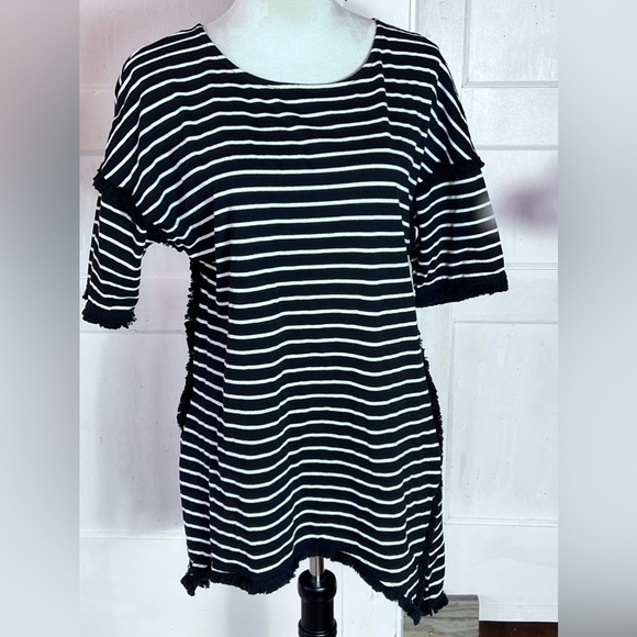 UMGEE TUNIC TOP/MINIDRESS/SWIM COVERUP SZ S BLACK WHITE STRIPE FRINGE HI-LO - Picture 1 of 6